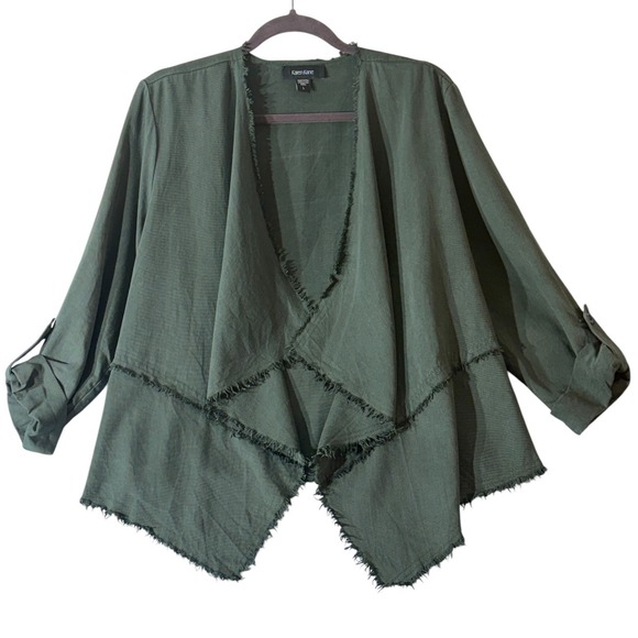Karen Kane Sweaters - Karen Kane Womens L Olive Tencel Draped Jacket Raw Edge Open Front Made USA